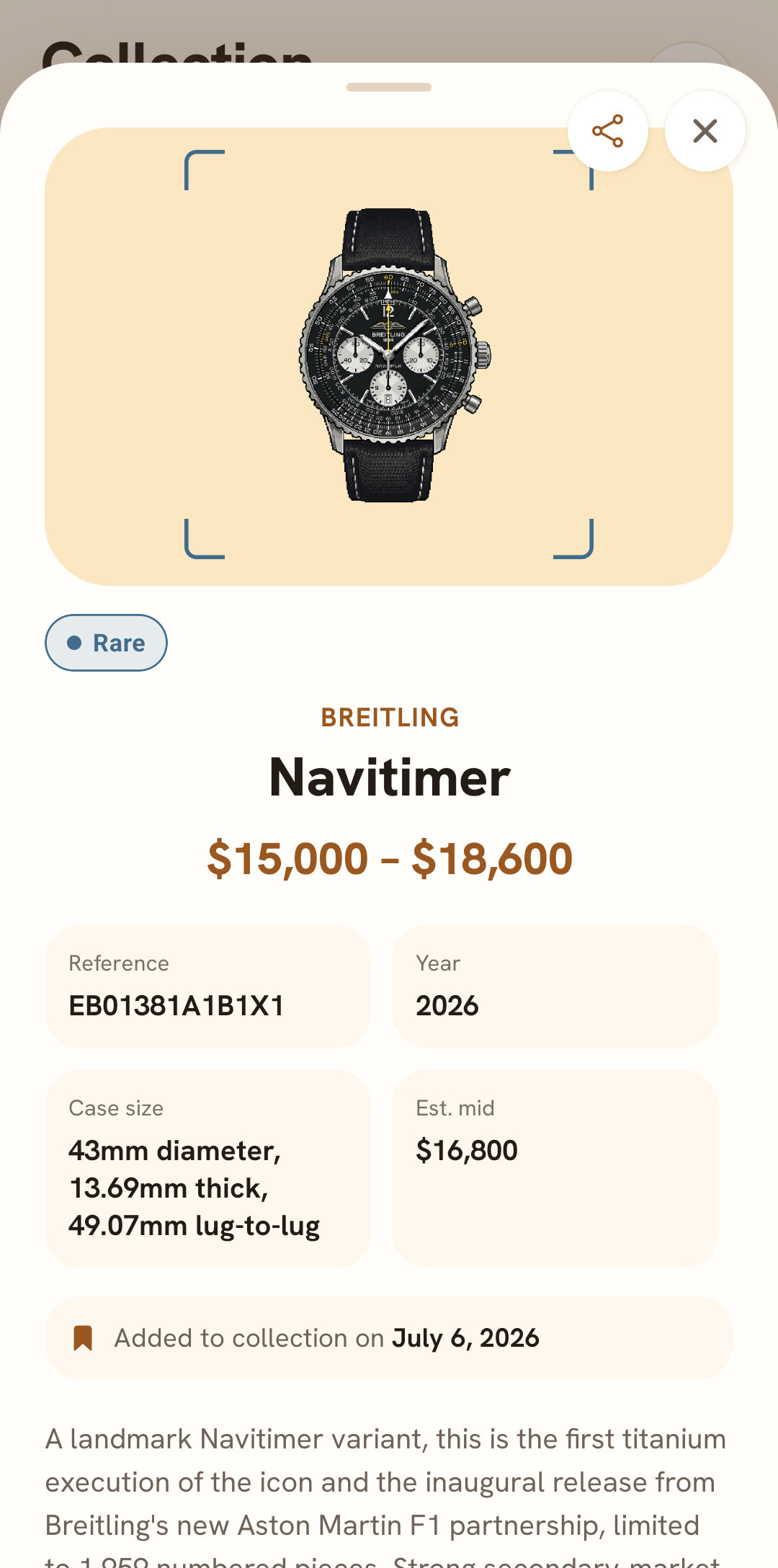 TimeWarden watch identification report with reference and value range
