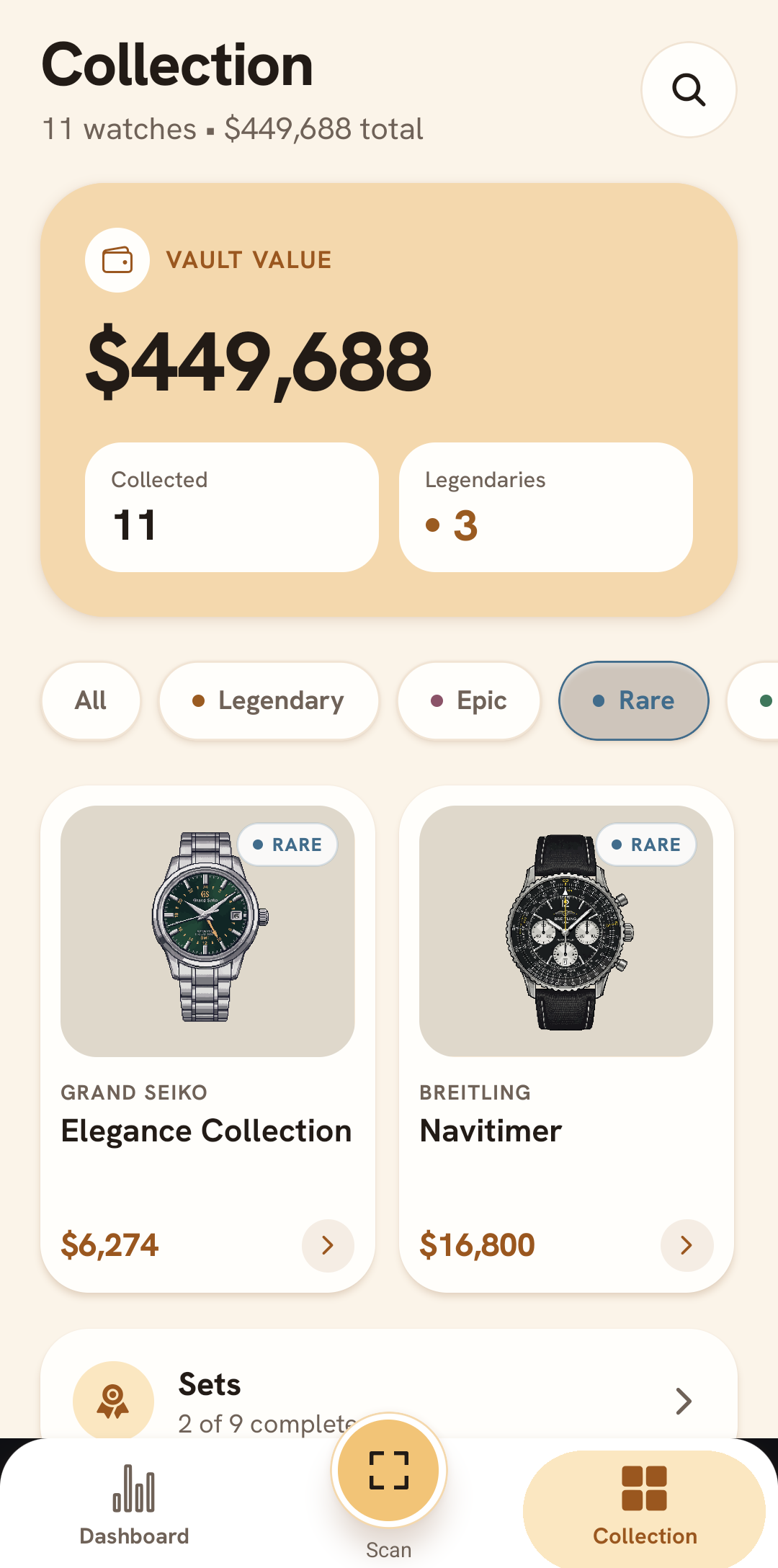 TimeWarden collection showing watch artwork and rarity
